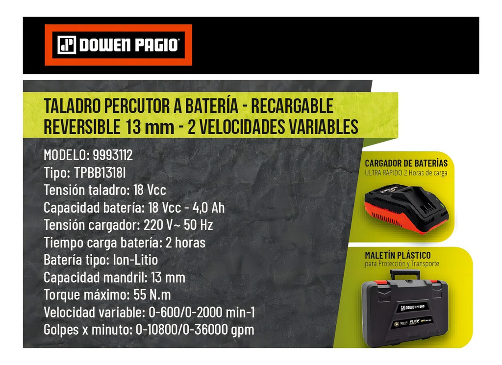 Taladro Percutor Dowen Pagio 9993112 A Bateria 13 Mm 18v - Naranja - 50 Hz