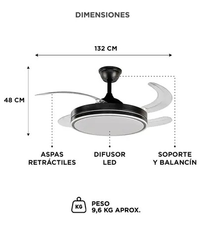VENTILADOR DE TECHO GADNIC VENTLUZ02 RETRACTIL 4 ASPAS NEGRO