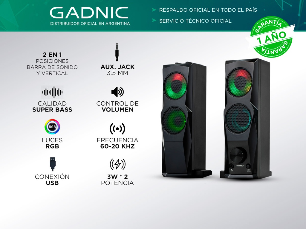 Parlantes Gadnic Gamer038 Led 2 En 1 Barra De Sonido Tv Pc - Negro