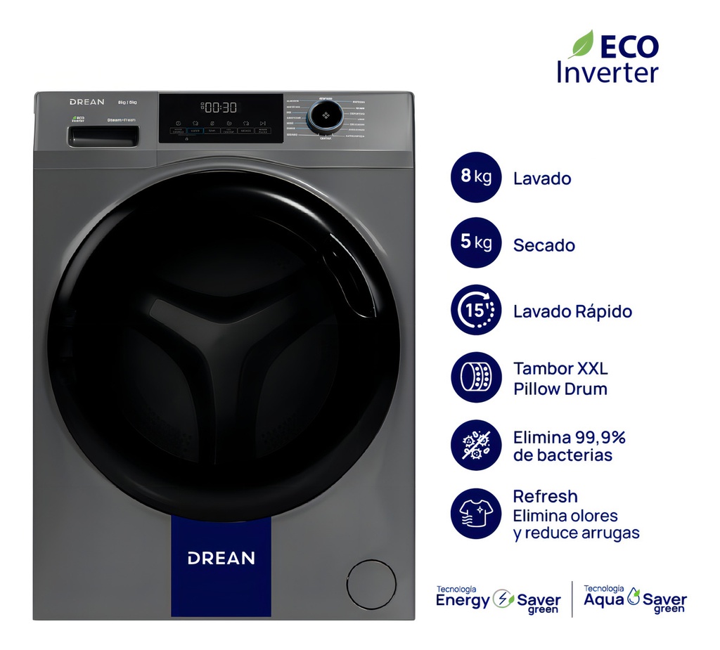 Lavasecarropas Ecoinverter 8 Kg Gris Drean Lscdr0805sg0 Gris