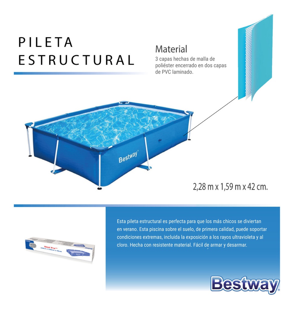 Pileta Bestway 10471 1500l 228x159 Rectangular Estructural Azul Liso