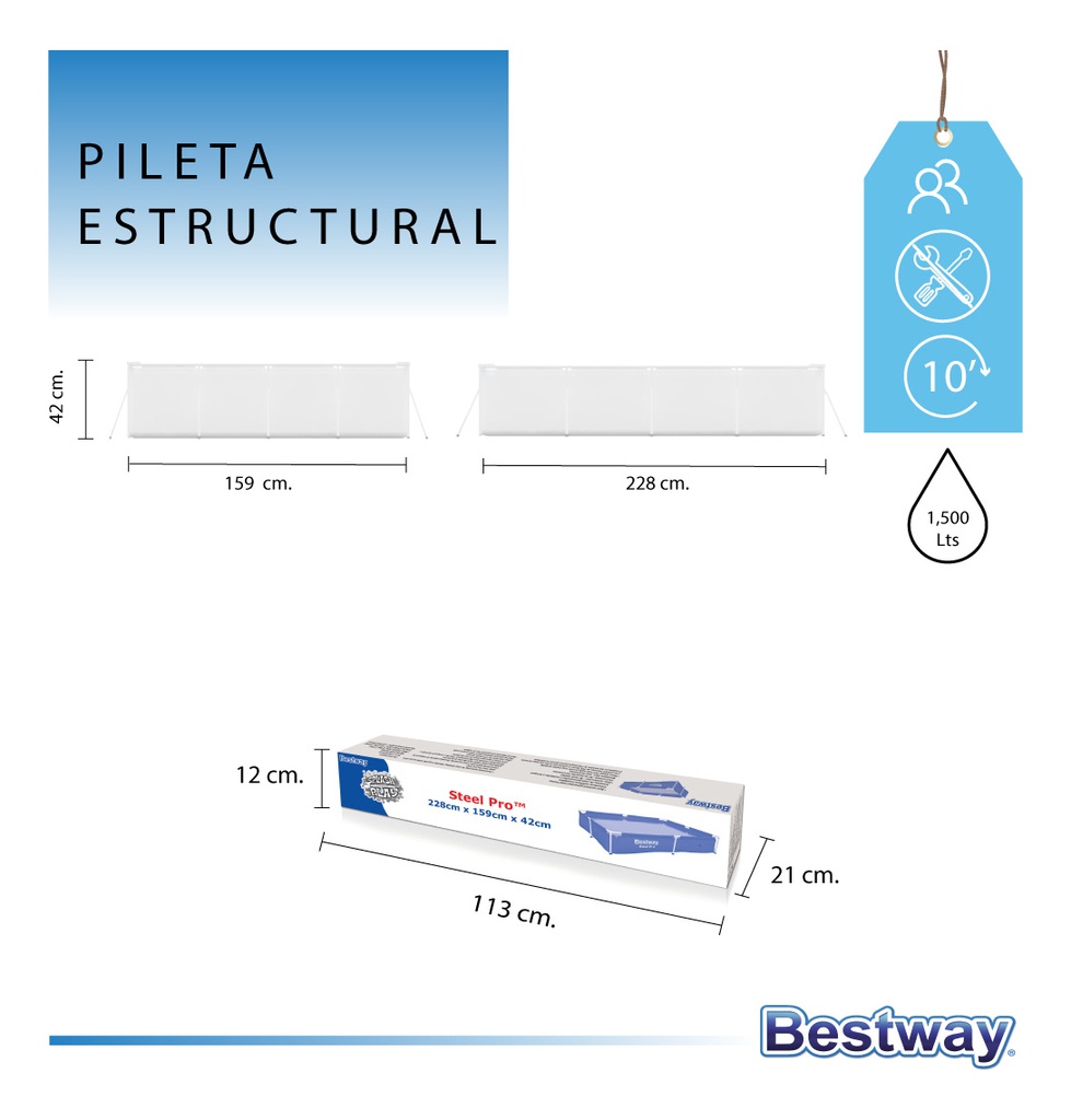 Pileta Bestway 10471 1500l 228x159 Rectangular Estructural Azul Liso