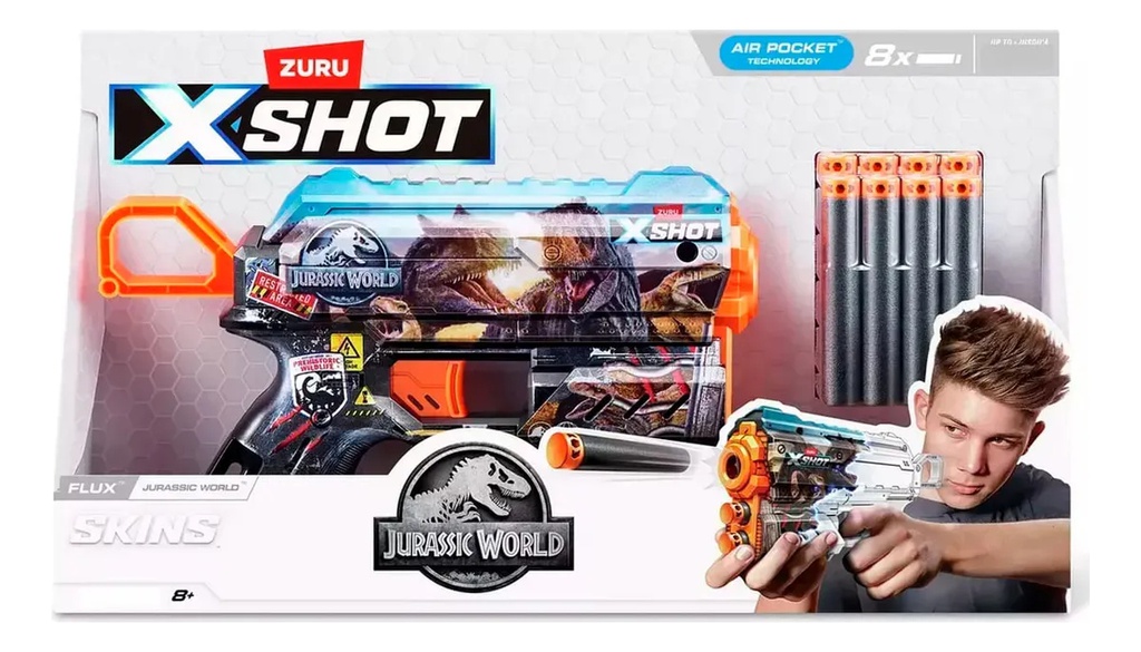Pistola X-shot Con 8 Dardos Skins Flux Jurassic World Color Gris Oscuro