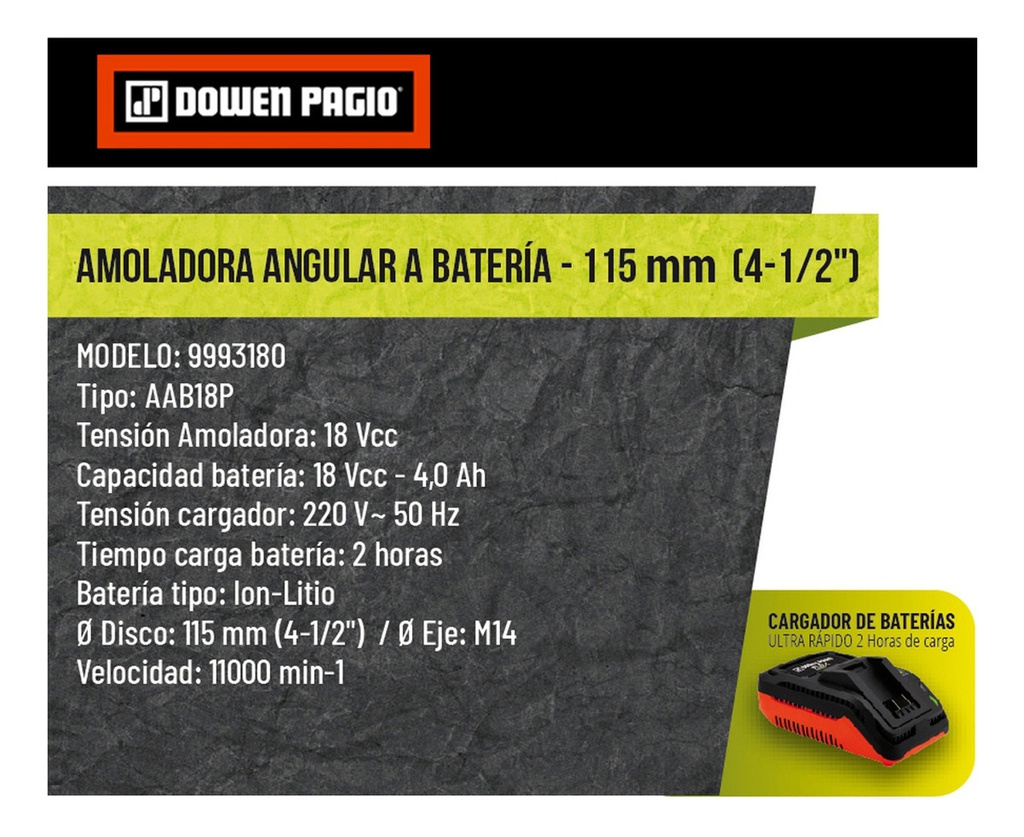 Amoladora Angular Dowen Pagio A Bateria 115 Mm 9993180 Naranja 50 Hz