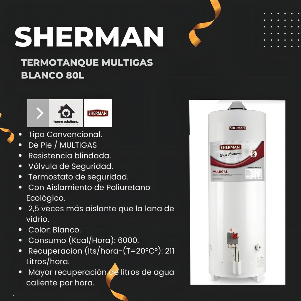 Termotanque A Gas Sherman Tpgp080msh13 Multigas Pie 80l Sh Blanco