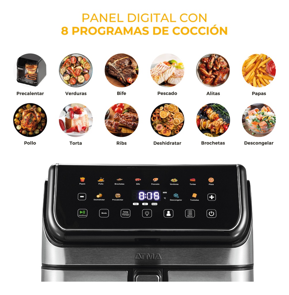 Freidora De Aire Atma Fr258aip 8 Litros Inox 1750w Digital Acero Inoxidable