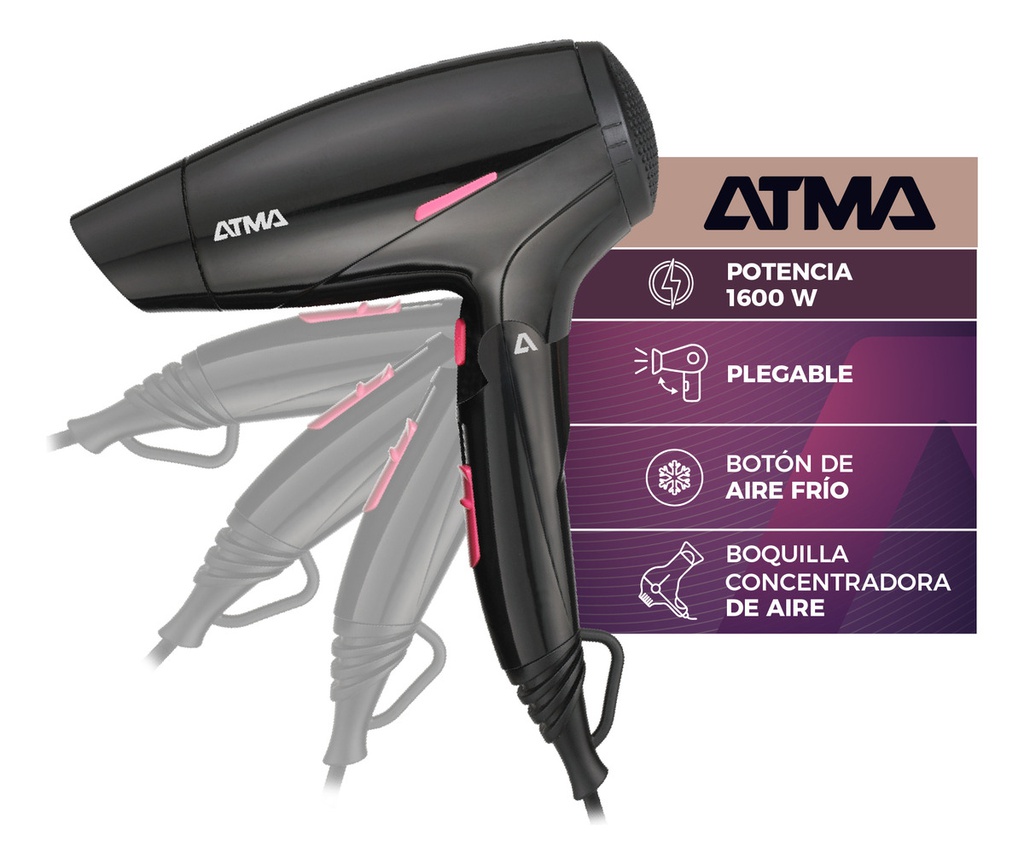 Secador De Pelo Atma 1600 W Motor Dc Cerámico Negro