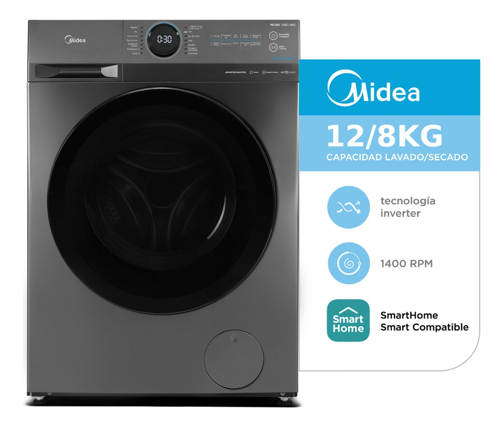 Lavasecarropas Midea Mf200d120b/t-a1 Inverter 12,8kg Frontal Gris Oscuro