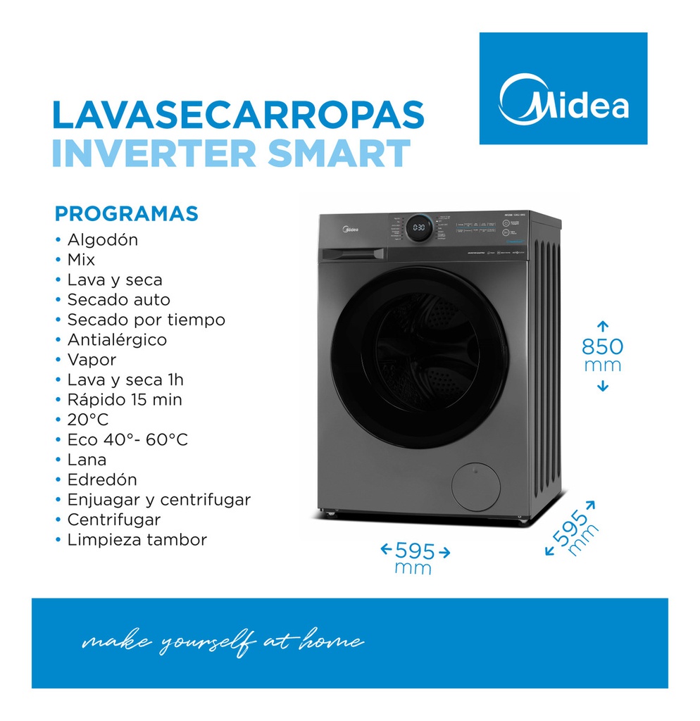 Lavasecarropas Midea Mf200d120b/t-a1 Inverter 12,8kg Frontal Gris Oscuro