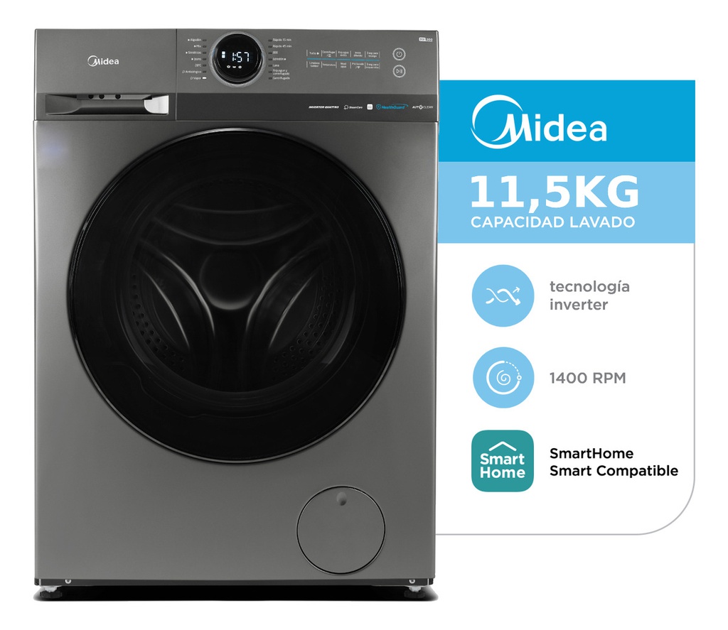 Lavarropas Midea Mf200w115wb/t-a1 11,5 Kg Inverter Titanium Titanio