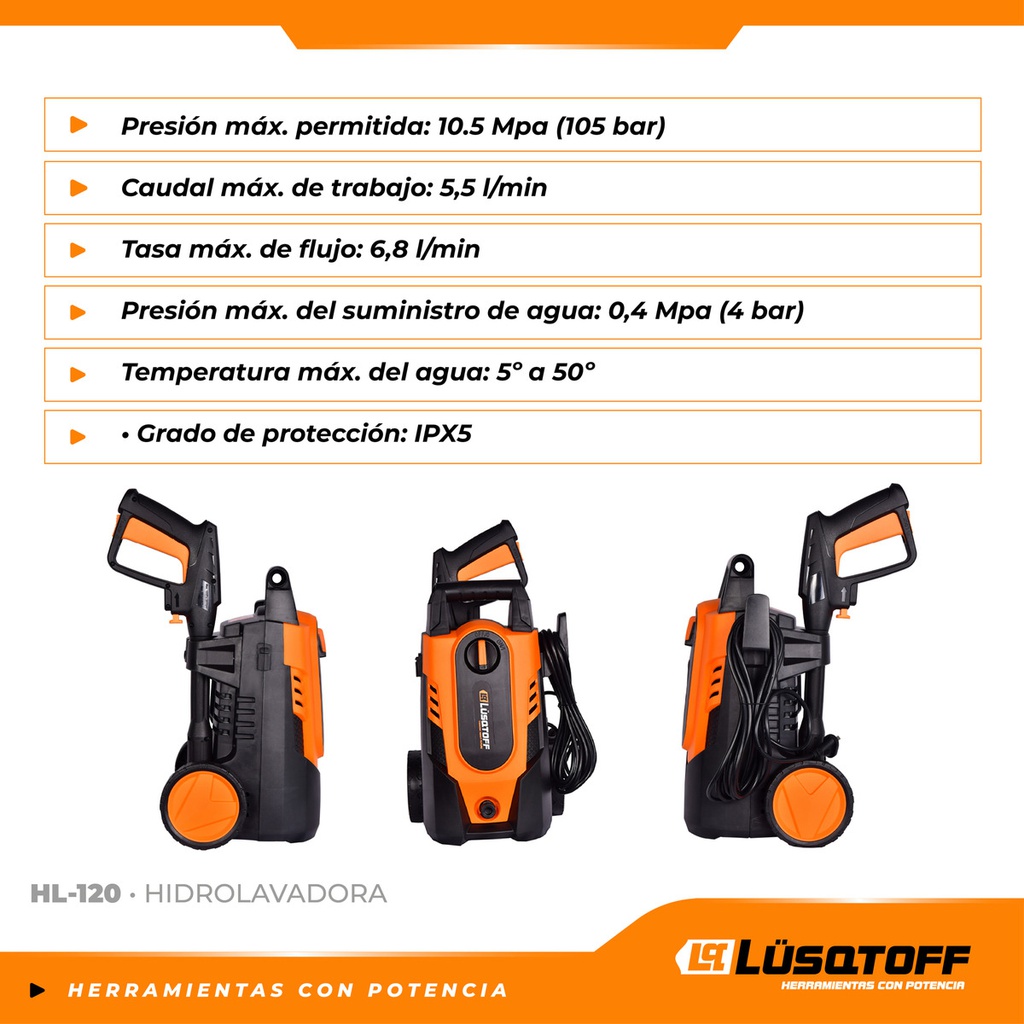 Lüsqtoff Hidrolavadora Hl-120 1200w 7mpa De Presión 50hz Naranja/negro 50 Hz