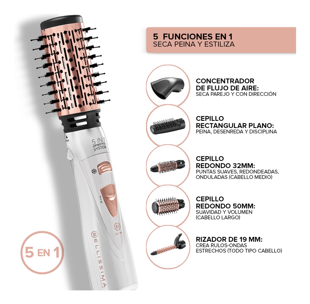Cepillo Secador Bellissima Gh18 1100 5en1 Italia Drystyle Blanco/negro/dorado