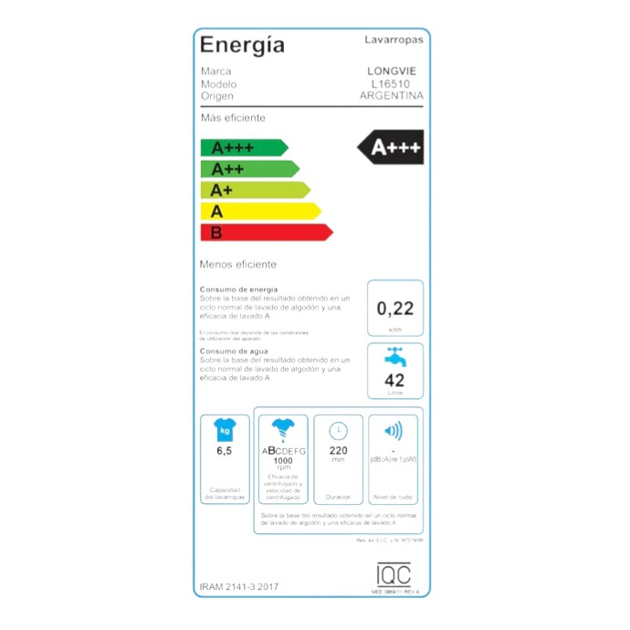 LAVARROPAS LONGVIE SENSITIVE L16510 6.5 KG BLANCO