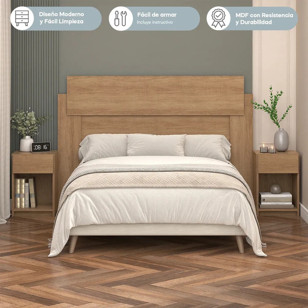 Respaldo De Cama Vera Cdmc300-ml 150cm C/mesas De Luz Miel