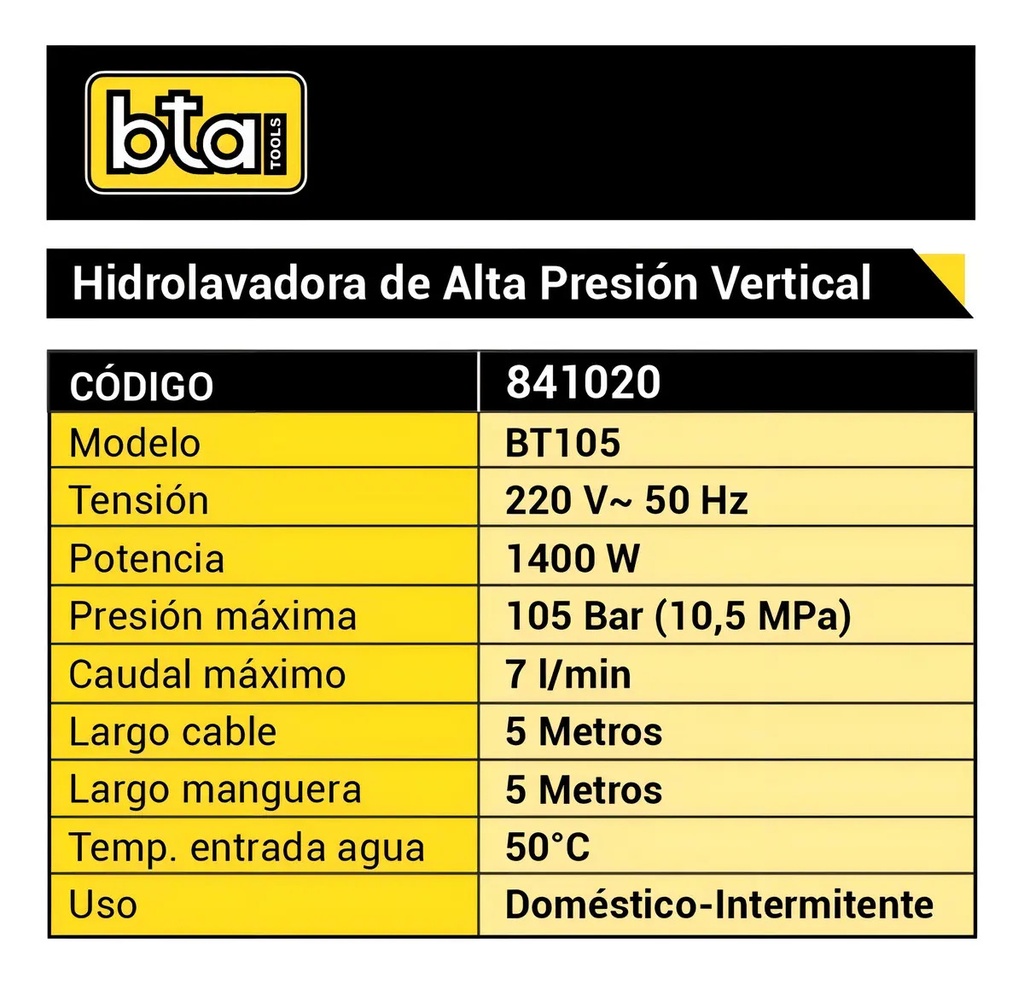 Hidrolavadora 105 Bar 1400w Bta 841020 Bt105 Lanza Y Mang. Amarillo 50