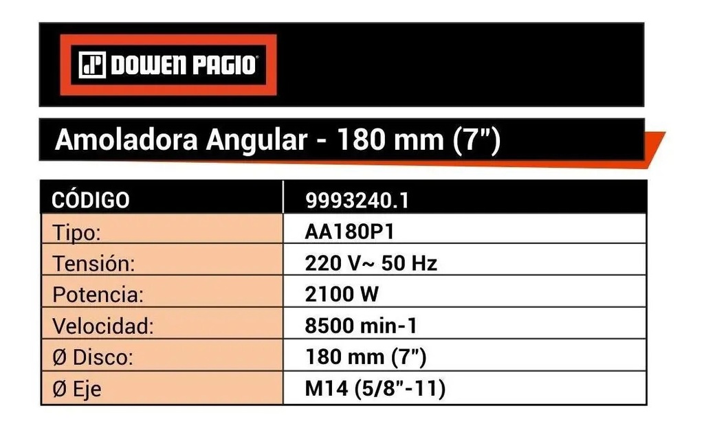 Amoladora Angular 2100 W 180 Mm Naranja Dowen Pagio Naranja 50hz