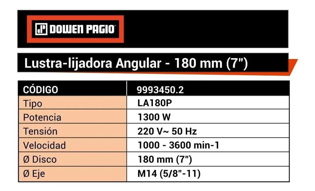 Lustralijadora Angular Dowen Pagio La180p 180mm Naranja 50 Hz