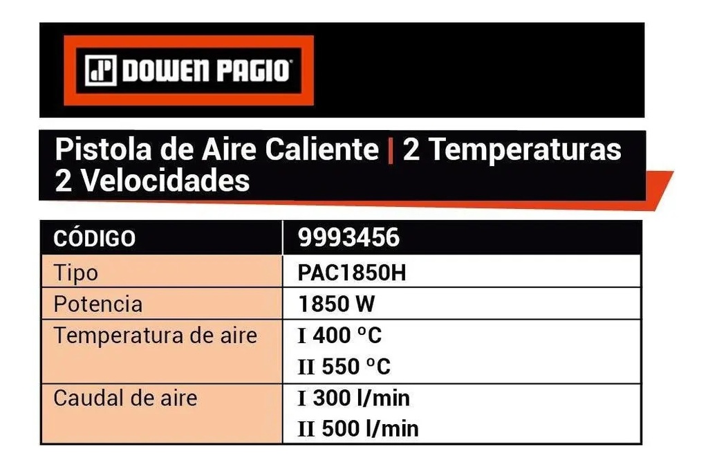 Pistola Aire Caliente 1850w 2temperatura Dowen Pagio 9993456 Naranja