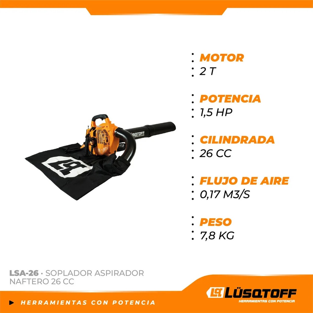 Soplador Aspirador Naftero Lusqtoff Lsa-26 1,5hp 26cc Naranja/negro