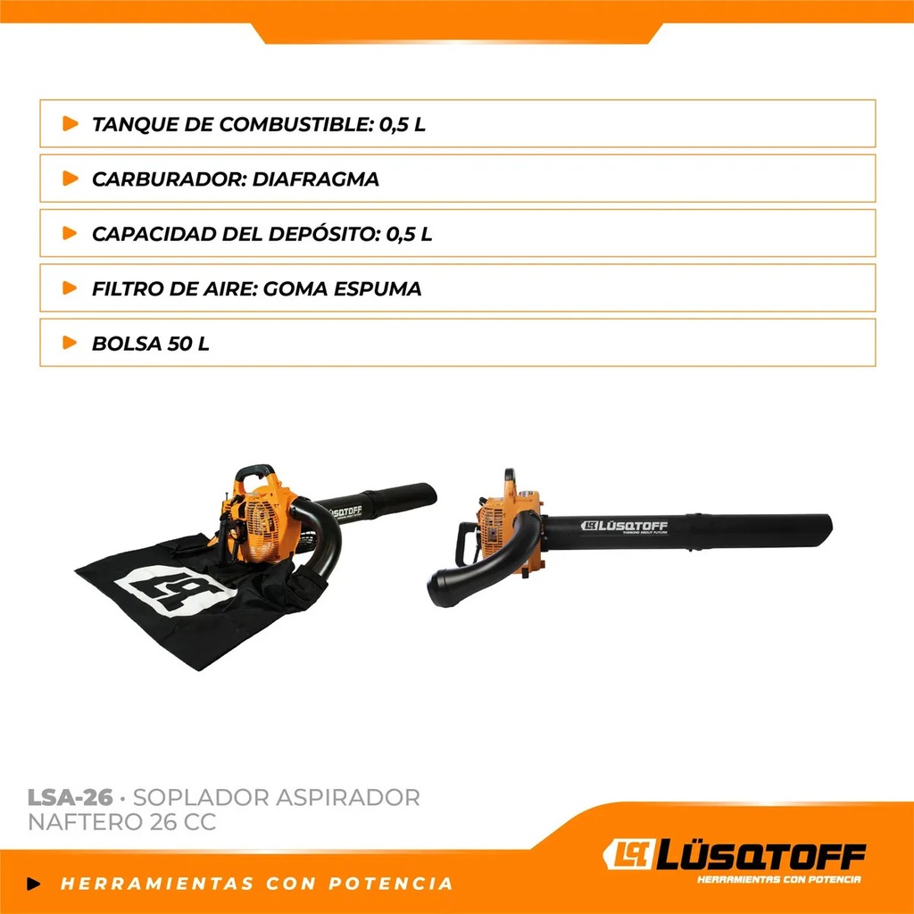 Soplador Aspirador Naftero Lusqtoff Lsa-26 1,5hp 26cc Naranja/negro
