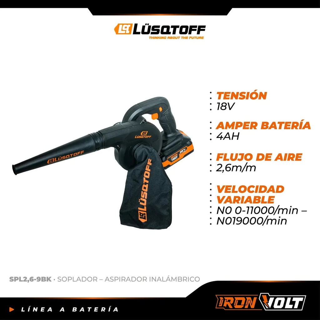 Sopladora Aspirador Lusqtoff Spl2.6-9bk Inalámbrico Negro