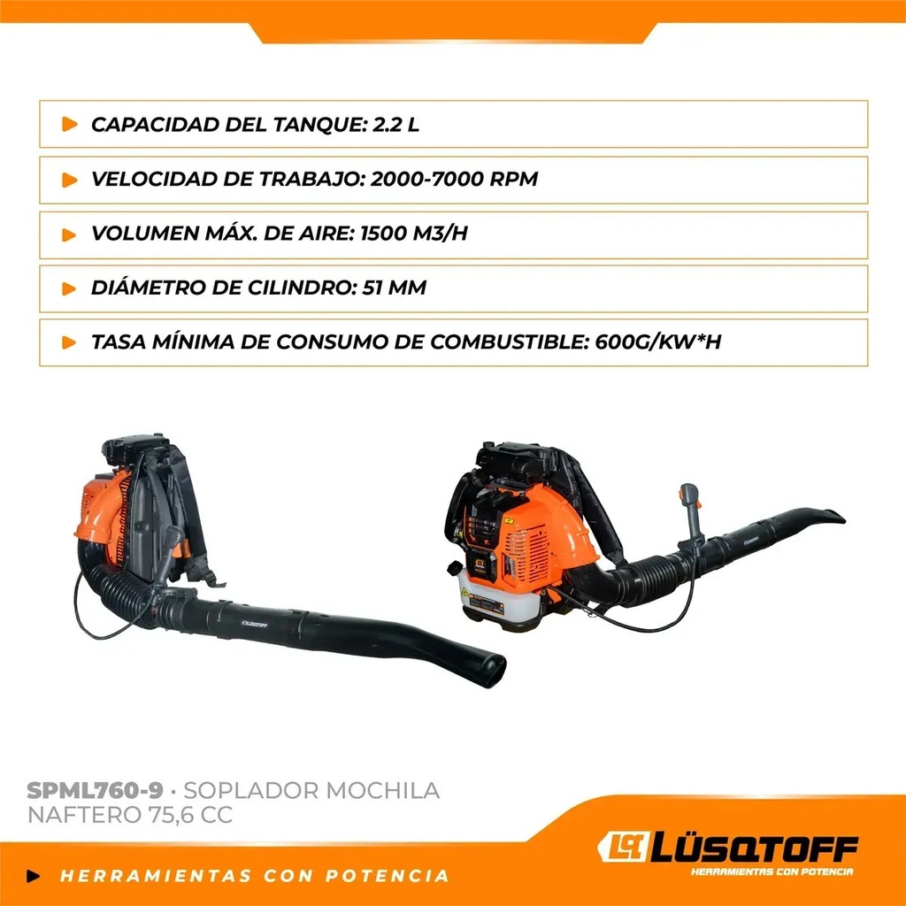Soplador De Mochila Naftero Lusqtoff Spml760-9 2t 75.6cc Naranja