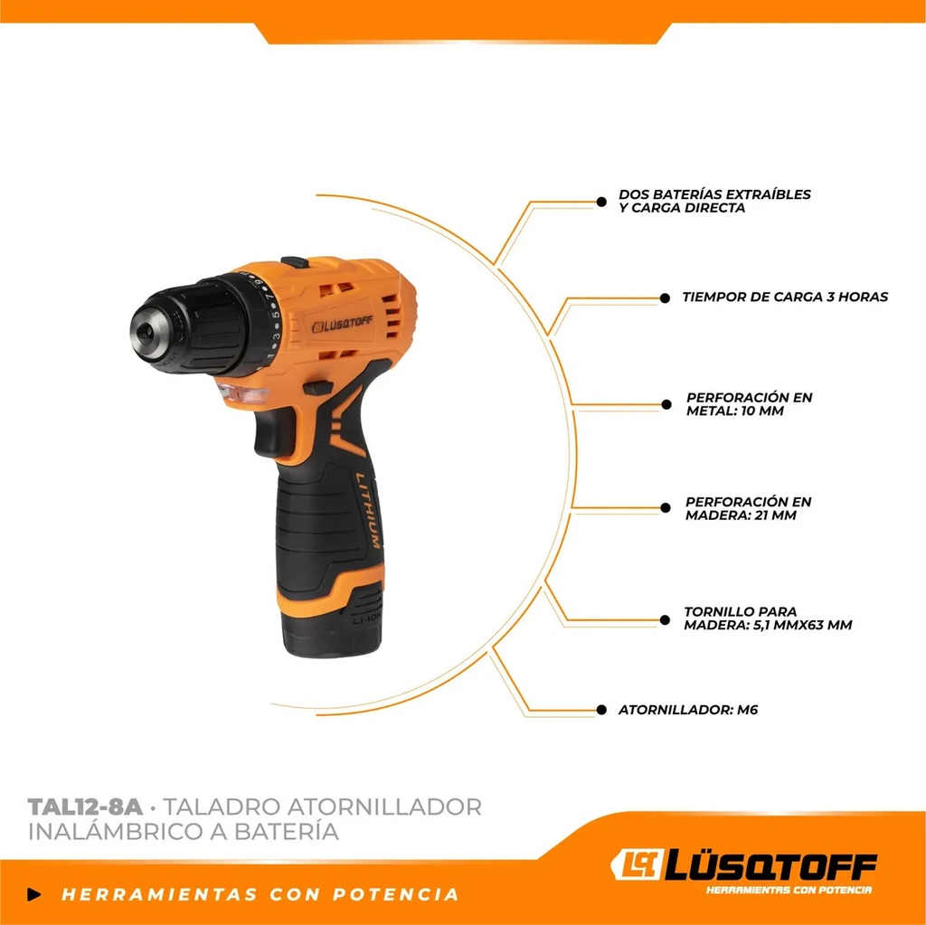 Taladro Atornillador A Bateria Lusqtoff Tal12-8a 12v Naranja
