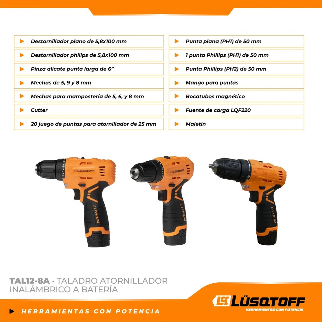 Taladro Atornillador A Bateria Lusqtoff Tal12-8a 12v Naranja