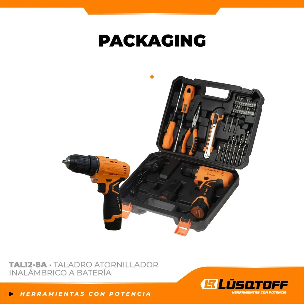 Taladro Atornillador A Bateria Lusqtoff Tal12-8a 12v Naranja