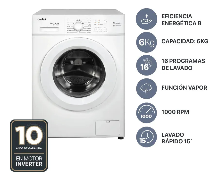 Lavarropas Codini Aiafe6010b 6kg Inverter Frontal Blanco Blanco