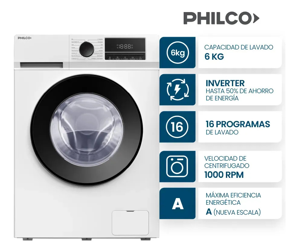 Lavarropas Philco Phlf61bn 6k Inverter Carga Frontal Blanco Blanco