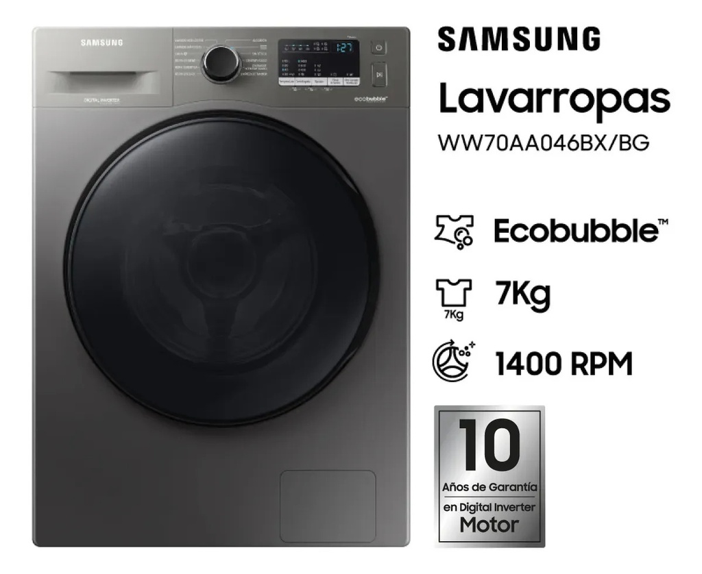 Lavarropas Samsung 7kg Ww70aa46bx Inverter Carga Frontal Inox