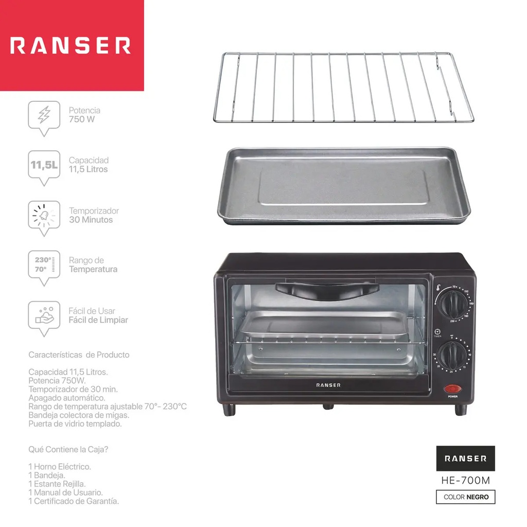 Horno Electrico Ranser Panigale He-700m 11.5 L 750w Grill Negro