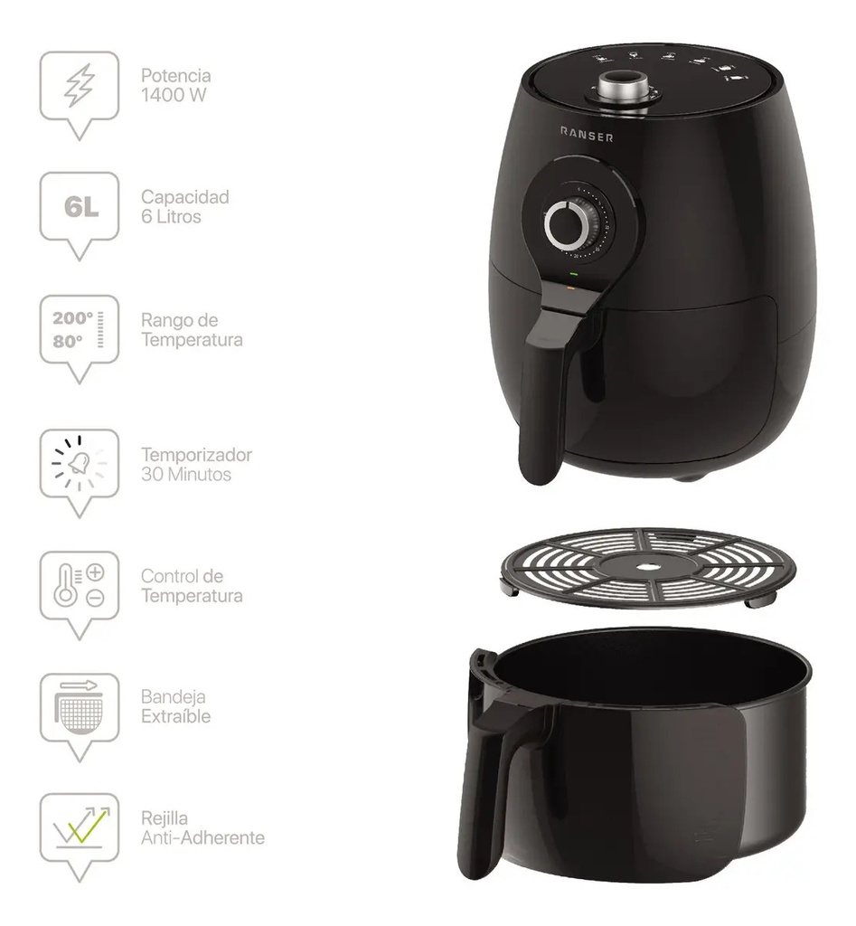 Freidora De Aire Ranser Amalfi Af-400 6 L Mecanica 1400w Negro