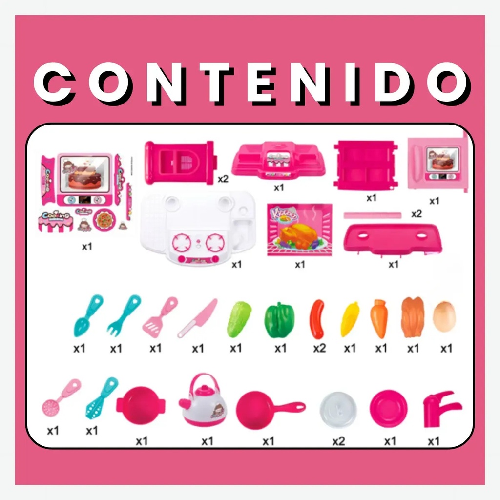 Cocina Kitchen Set Con Luz Y Sonido 32 Piezas 66 Cm Rosa