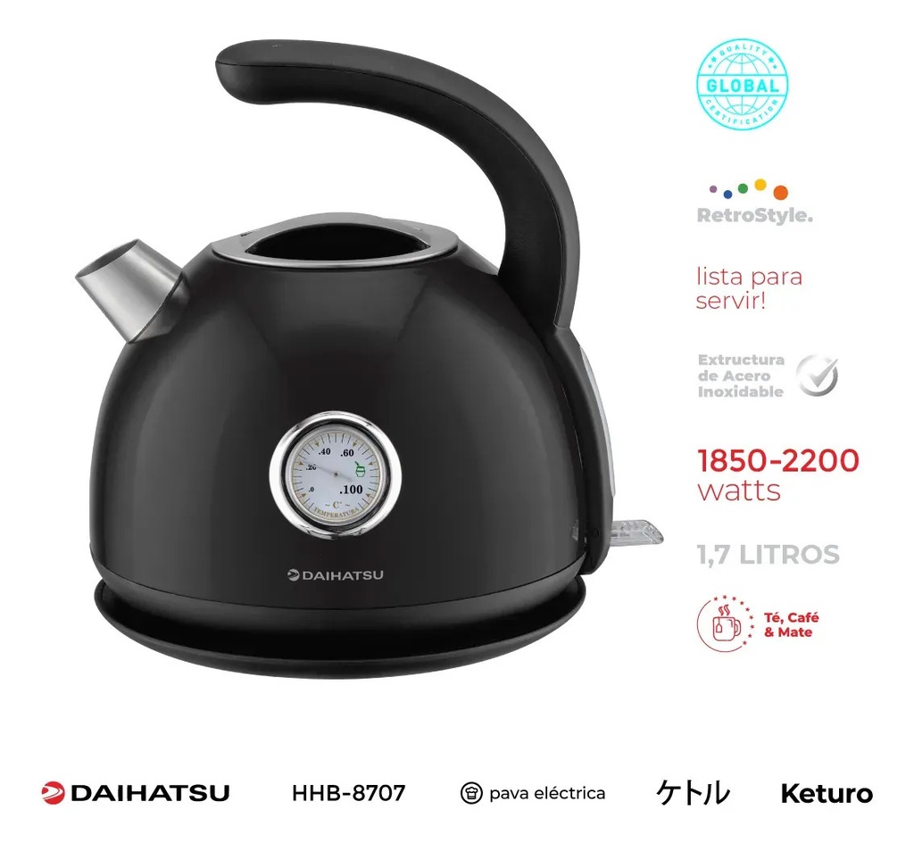 Pava Eléctrica Vintage Daihatsu Con Termometro Visor Temperatura Con Corte Automatico Hhb-8707 1,7l 1850-2200w Negro Oferta