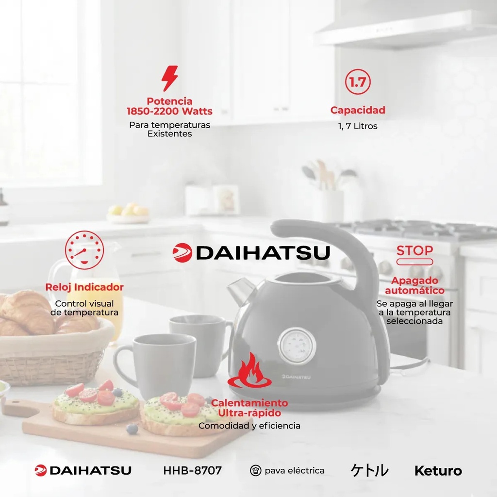Pava Eléctrica Vintage Daihatsu Con Termometro Visor Temperatura Con Corte Automatico Hhb-8707 1,7l 1850-2200w Negro Oferta