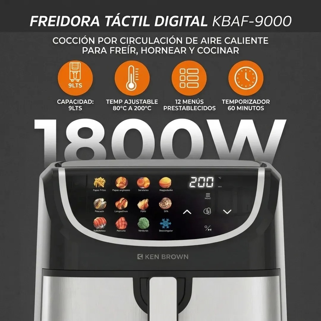 Ffreidora Ken Brown Kbaf-9000 Digital 12 Programas 1800w Negro/gris