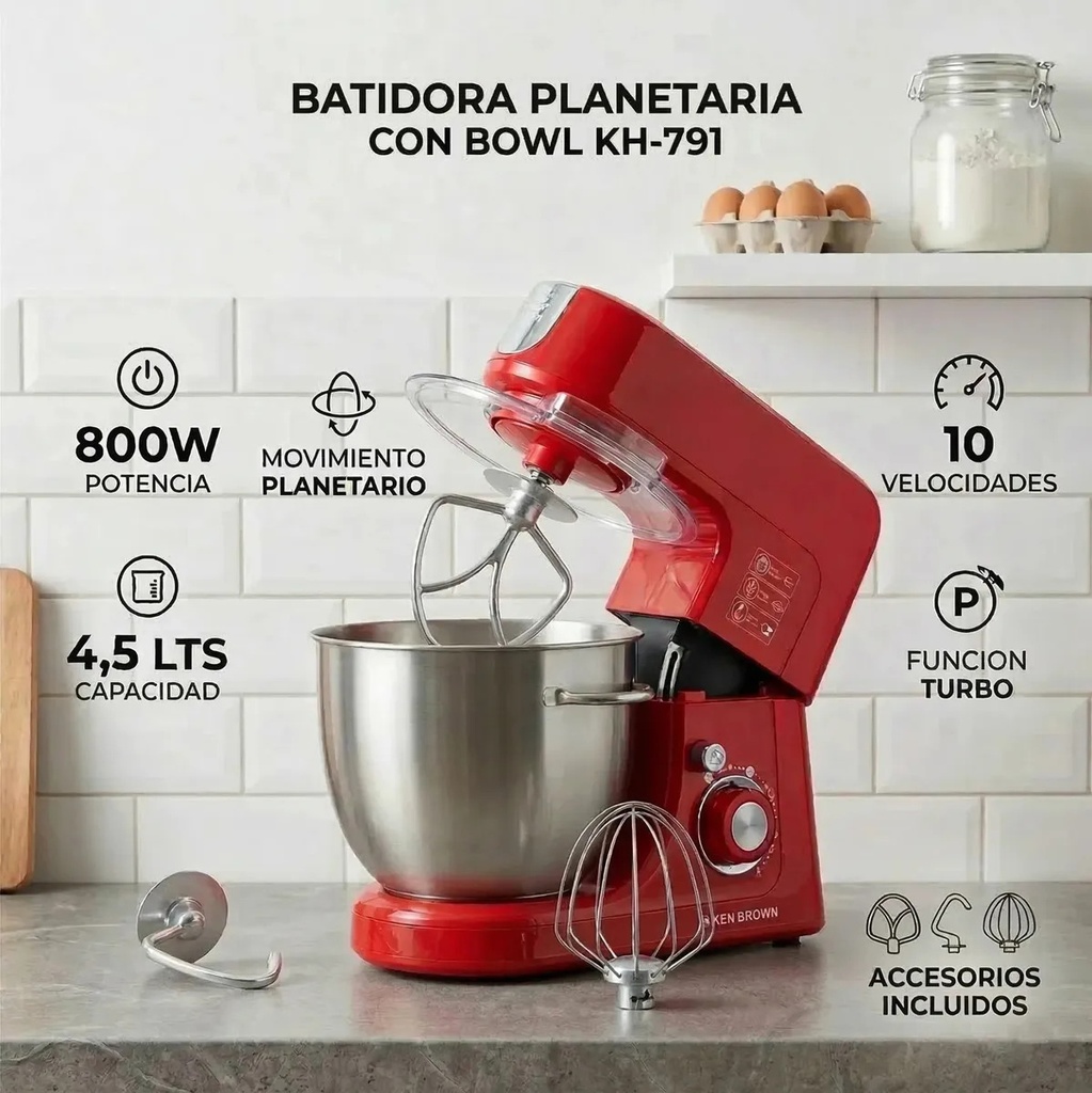 Batidora Planetaria De Pie Ken Brown Kh-791 4.5 Lts 800w Rojo 50 Hz X 60 Hz