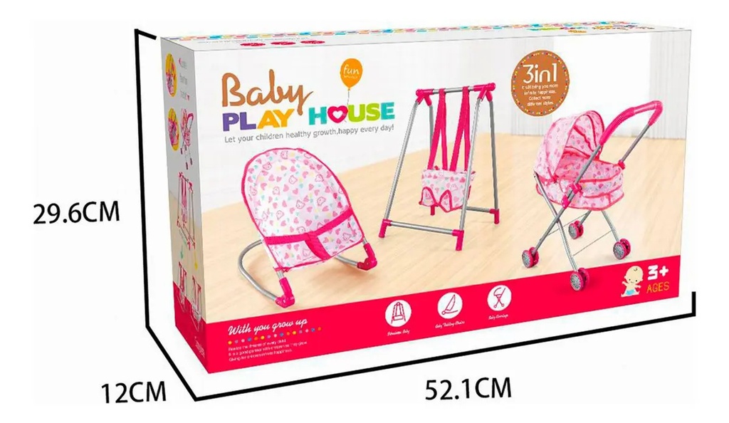 Set De Muñecas 3 En 1 Con Mecedora Cochecito Y Hamaca Rosa