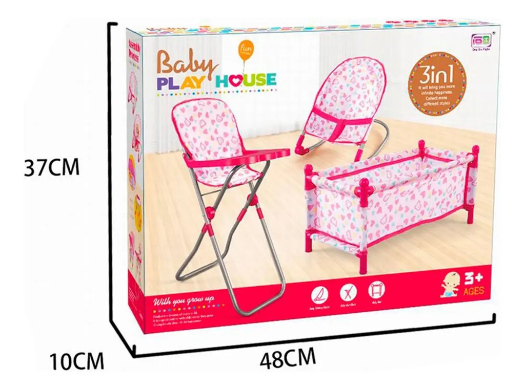 Set De Muñecas 3 En 1 Cuna Mecedora Silla Explorer Fan Rosa