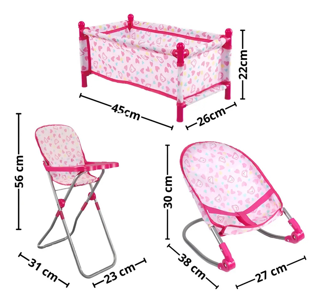 Set De Muñecas 3 En 1 Cuna Mecedora Silla Explorer Fan Rosa