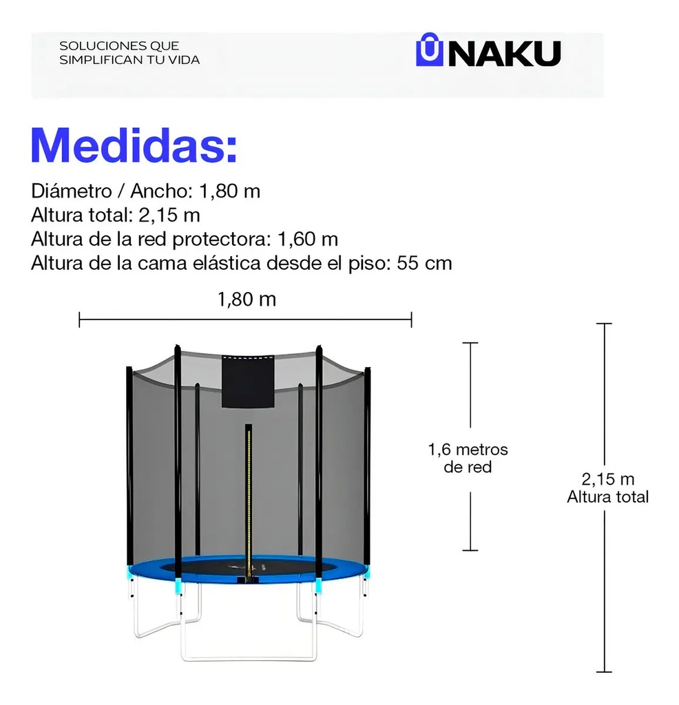 Cama Elastica Naku Ce-01 1.80m Con Uv Y Red De Seguridad Negro Azul