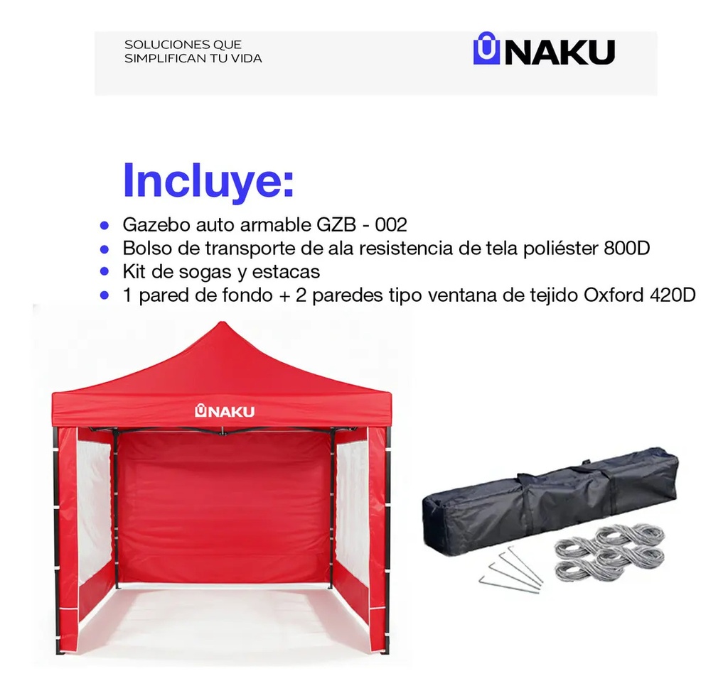 Gazebo Naku Gzb-002r 3x3 Plegable Con Paredes Impermeable Rojo