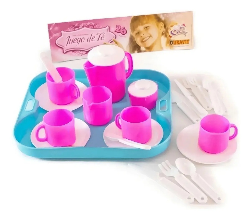 Juego De Te Duravit Con Bandeja Plastico 26 Piezas 500 Utensillos Rosas Y Blancos