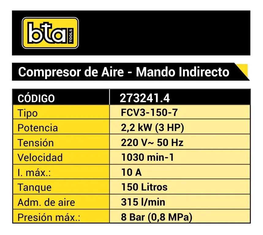 Compresor Bta Fcv3-150-7 150 Litros 3hp 220v 273241.4 Azul 50 Hz 60 Hz Monofásica