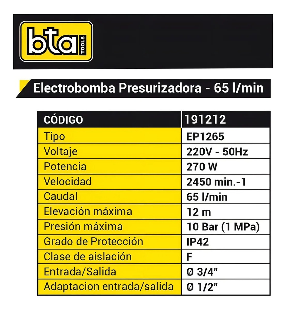 Electrobomba Bomba Presurizadora Bta 10 Bar 12m 270w 191212