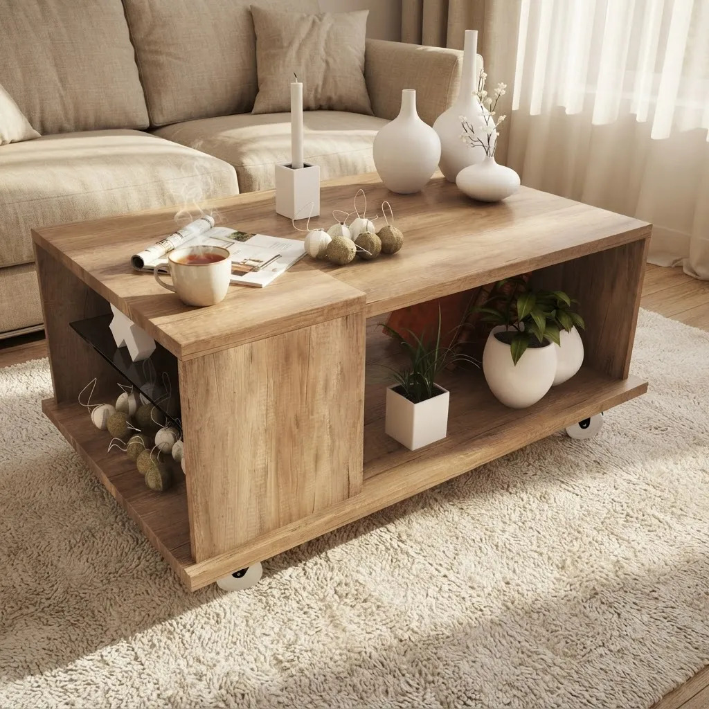Mesa Ratona De Melamina Centro Con Ruedas Y Estante Dl 876 Roble Nebraska Gris