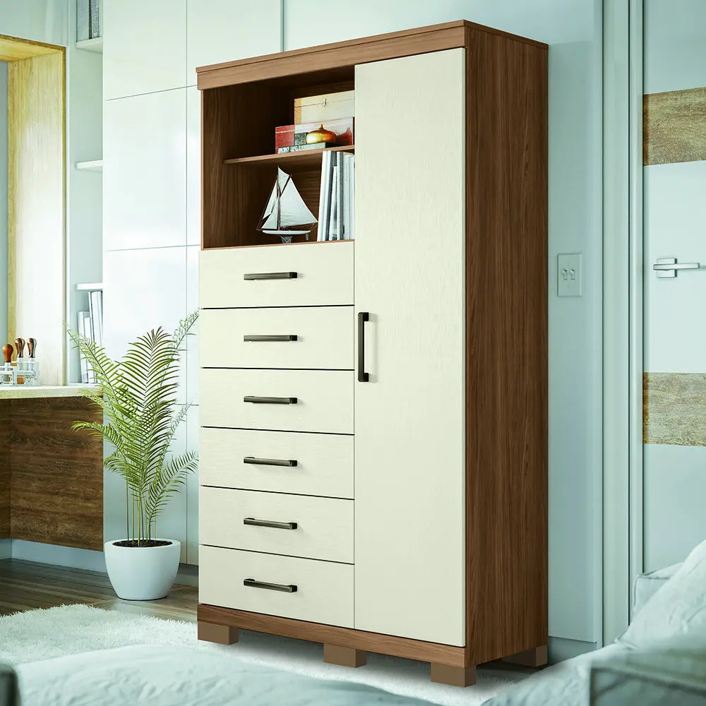 Cómoda De 1 Puerta 6 Cajones Con Patas Marabá Santos Andeira Placard Y Baúl/jatoba/arena