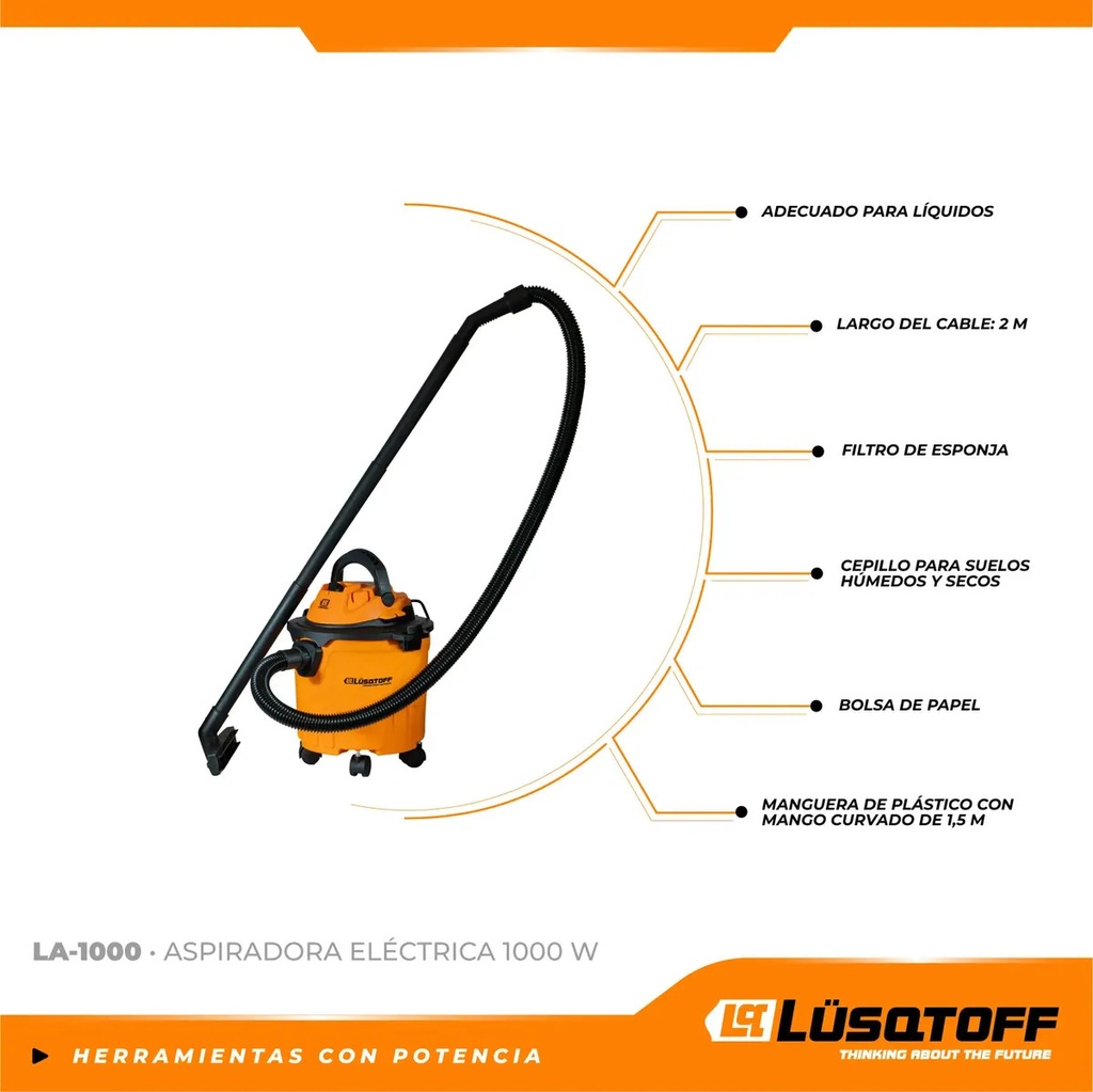 Aspiradora Eléctrica Lusqtoff La-1000 Tacho 15 Litros 3 En 1 Liquido Solido Sopladora Naranja